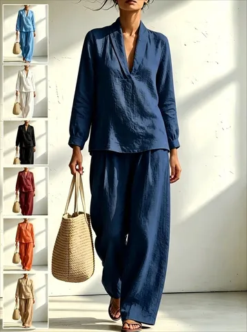 Women Top And Bottom Polyester V Neck Long Sleeve Shirt Wide Leg Pants Casual Fashion Lounge Wear Solid Color Clothes