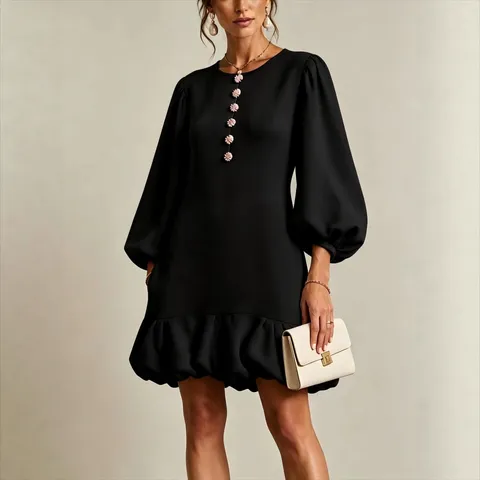 Women's Round Neck Lantern Sleeve Dress Sweet Flower Decorative Buttons Ruffled Hem Loose Fit Knitted Solid Color Midi Dress