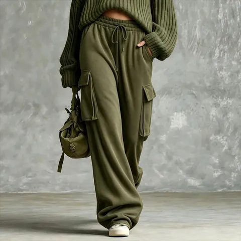 Women's Vintage Cargo Sweatpants Wide Leg Straight Drawstring High Waist Loose Fit Solid Color Outdoor Casual Long Pants