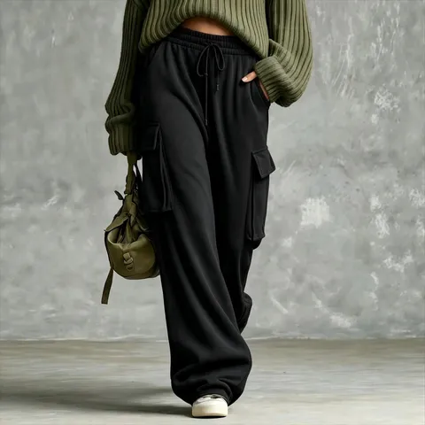 Women's Vintage Cargo Sweatpants Wide Leg Straight Drawstring High Waist Loose Fit Solid Color Outdoor Casual Long Pants