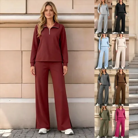 Women's Casual Knitted Two-Piece Set Lapel Half Zipper Long Sleeve Top And Wide Leg Pants Solid Color Lounge Wear