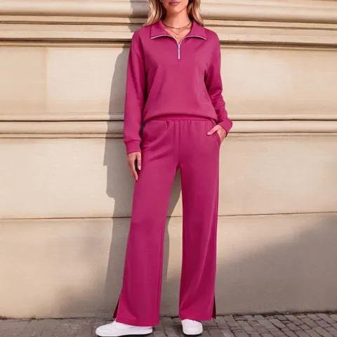 Women's Casual Knitted Two-Piece Set Lapel Half Zipper Long Sleeve Top And Wide Leg Pants Solid Color Lounge Wear