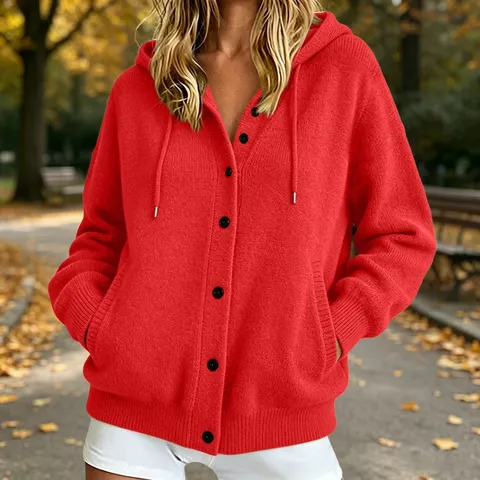 Women Button Knit Hooded Sweater Jacket Polyester Long Sleeve Loose Cardigan For Autumn Casual Outerwear Solid Color Hooded Knitwear