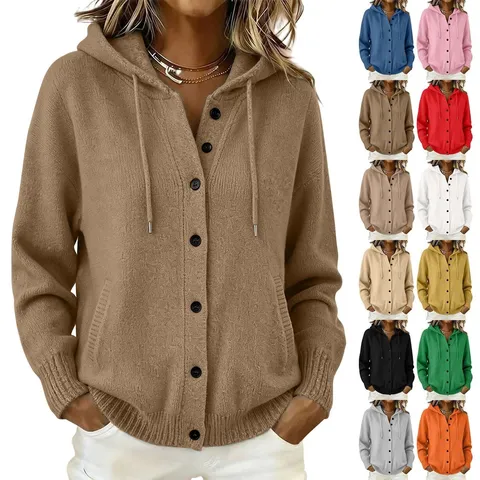 Women Button Knit Hooded Sweater Jacket Polyester Long Sleeve Loose Cardigan For Autumn Casual Outerwear Solid Color Hooded Knitwear