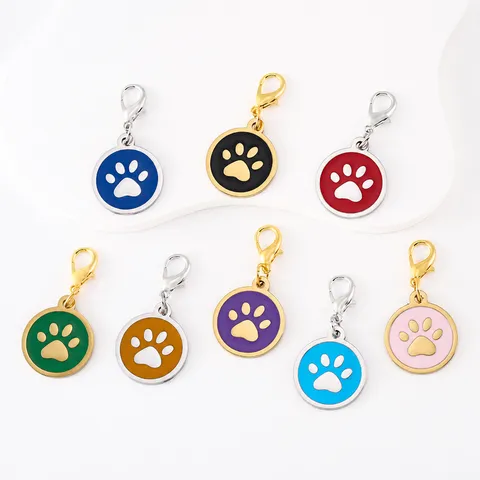 Stainless Steel Dog Paw Pet ID Tag Round Drip Oil Pendant Alloy Lobster Clasp Keychain For Dogs Cats DIY Jewelry Making Accessory
