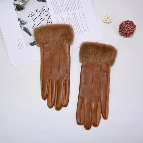 Women Winter Warm Fleece Lined Protein Leather Gloves Touchscreen Windproof Plush Cuff Outdoor Cycling Driving Commuting Fashion Mittens