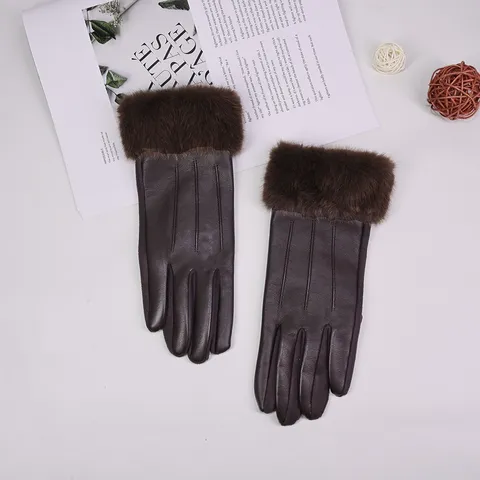 Women Winter Warm Fleece Lined Protein Leather Gloves Touchscreen Windproof Plush Cuff Outdoor Cycling Driving Commuting Fashion Mittens