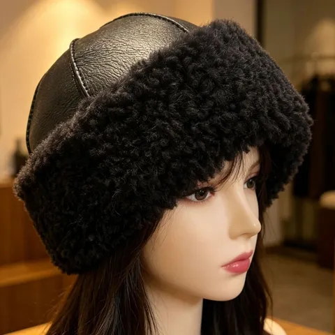 Bonnet Docker Vintage en Cuir de Mouton avec Doublure en Laine Calotte Faite Main Coupe-vent pour Hommes Femmes