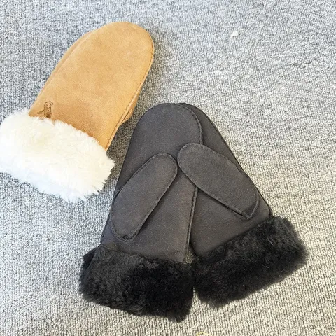Winter Warm Merino Sheepskin Gloves Thickened Plush Lining Windproof Cold Resistant Suede Leather Mittens For Men Women Outdoor Snow