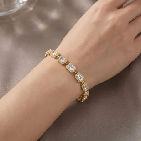 Bracelet de Luxe en Cuivre Incrusté de Zirconia Diamant en Rangée Trapézoïdale Style Ins Bracelet de Tennis Géométrique pour Femmes