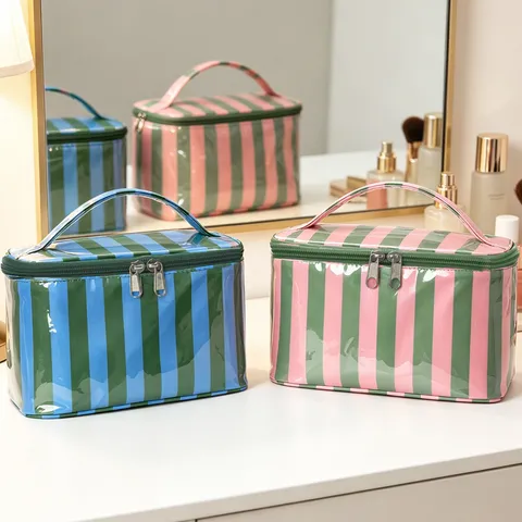 Bolsa de Maquillaje de PVC Impermeable a Rayas Gran Capacidad Neceser de Viaje Portátil Color en Contraste Organizador Cosmético Mujer