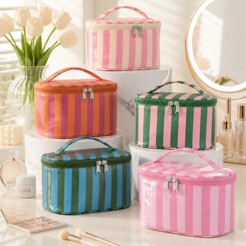 Bolsa de Maquillaje de PVC Impermeable a Rayas Gran Capacidad Neceser de Viaje Portátil Color en Contraste Organizador Cosmético Mujer