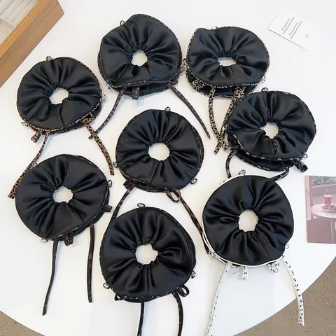 Coletero con Lazo de 4 Capas Estilo Coreano Con Cinta Larga Estampado Floral Leopardo Tela Plisada Gomas para el Pelo Accesorios Elegantes Mujer