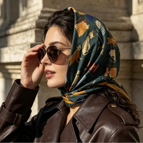 Foulard Carré en Satin Style Soie pour Femme Imprimé Chat et Chien Dessin Animé Elégant Bandana Cou Tête Accessoire Mode Cheveux