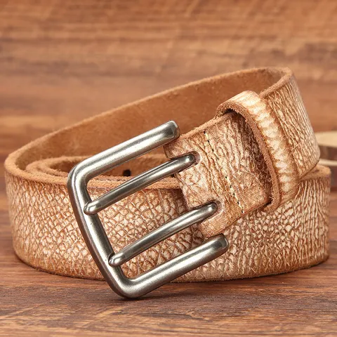 Cintura da Uomo con Fibbia a Doppio Ardiglione in Vero Cuoio di Primo Strato Retrò Casual Moda Jeans Cintura in Vita Accessorio Invecchiato