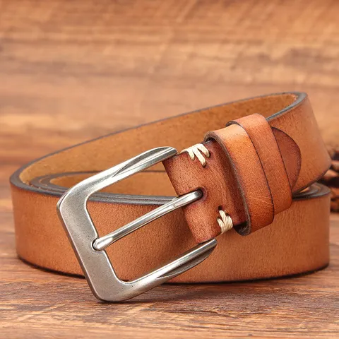 Ceinture en Cuir Véritable Rétro pour Homme Première Couche Cuir de Vachette Boucle à Ardillon Décontracté Vintage Vieilli pour Jeans Accessoires de Mode Homme