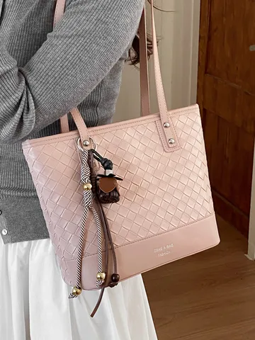 Dames Kunstleren Tote Bag met Geweven Patroon Grote Capaciteit Schoudertas Retro Handtas Met Hanger Mode Vrouwen Tas