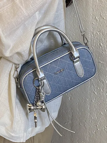 Fashion Simple Denim Quilted Rhombic Pillow Bag For Women Boston Handbag Crossbody Bag With Bow Pendant