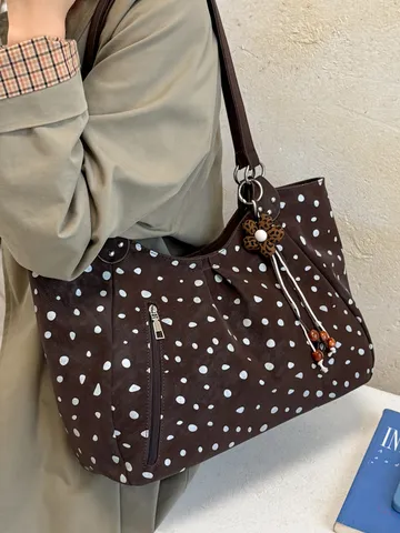 Bolso Tote de Cuero PU con Lunares Retro para Mujer Gran Capacidad Bolso de Hombro Casual para Viajes Diarios Compras