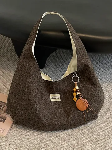 Bolso Tote de Lona con Estampado de Leopardo para Mujer Gran Capacidad Casual Bolso de Hombro con Colgante de Madera JS2619