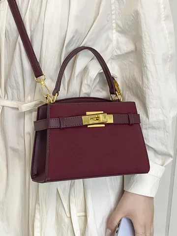 Women's Fashion PU Leather Top Handle Small Square Bag Minimalist Commuter Crossbody Bag Classic Trapezoid Handbag Shoulder Bag