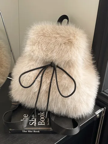 Women Fashion Faux Fur Plush Backpack Casual Travel School Bag Drawstring Flap Closure Lightweight Versatile Commuter Rucksack With Cute Doll Charm