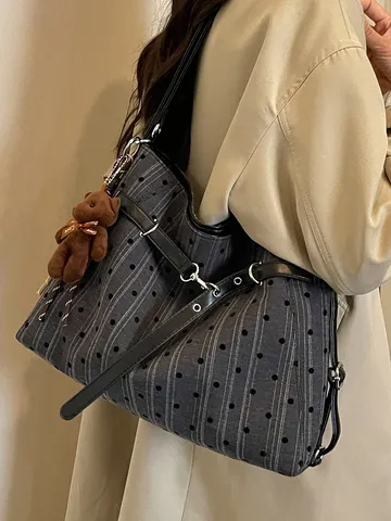 Women Canvas Polka Dot Stripe Large Capacity Commuter Backpack Tote Shoulder Bag Fashion Daily Travel Multi-way Carry Bag