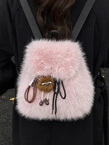 Women Fashion Faux Fur Plush Backpack Casual Travel School Bag Drawstring Flap Closure Lightweight Versatile Commuter Rucksack With Cute Doll Charm