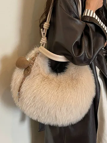 Sac Boulette en Peluche pour Femme à la Mode Grande Capacité Automne Hiver Sac à Bandoulière en Fausse Fourrure Imprimé Léopard Couleur Unie