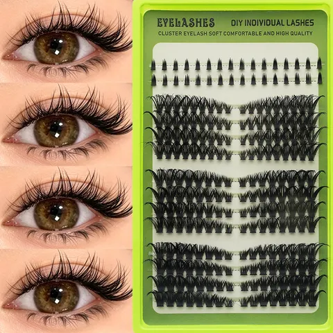 Juego de Pestañas Individuales DIY Segmentadas Naturales Espesas Pestañas en Grupo de Fibra Sintética Extensión de Pestañas Rizadas para Maquillaje de Mujer