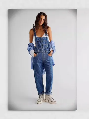 Women's Casual Loose Denim Overalls Vintage Washed Straight Leg Long Pants Streetwear Fashion Denim Bib Pants