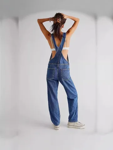 Women's Casual Loose Denim Overalls Vintage Washed Straight Leg Long Pants Streetwear Fashion Denim Bib Pants