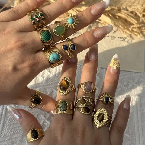 Vintage Edelstahl Vergoldet Unregelmäßig Lava Tigerauge Ring Damen Offen Verstellbar Statement Fingerring Schmuck