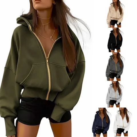 Women Casual Full Zip Hooded Sweatshirt Fleece Lined Long Sleeve Crop Top Autumn Winter Outerwear Solid Color