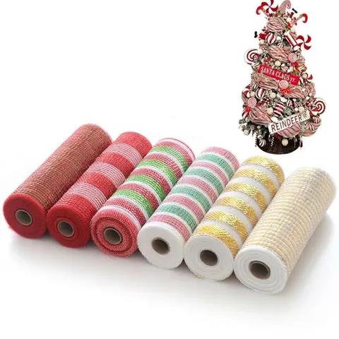 Ruban Filet PP Décoratif de Noël Métallique Or Argent Rayé Guirlande Emballage Filet pour Fête Cadeau