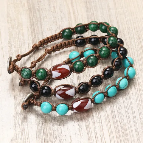 Handmade Braided Dzi Bead Bracelet Red Agate Obsidian Turquoise Ethnic Beaded Bracelet For Men Women Vintage Jewelry Gift