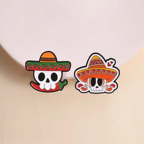 Mexican Sombrero Skull Brooch Day Of The Dead Cartoon Skull Chili Zinc Alloy Enamel Badge Clothing Backpack Decoration Jewelry For Unisex