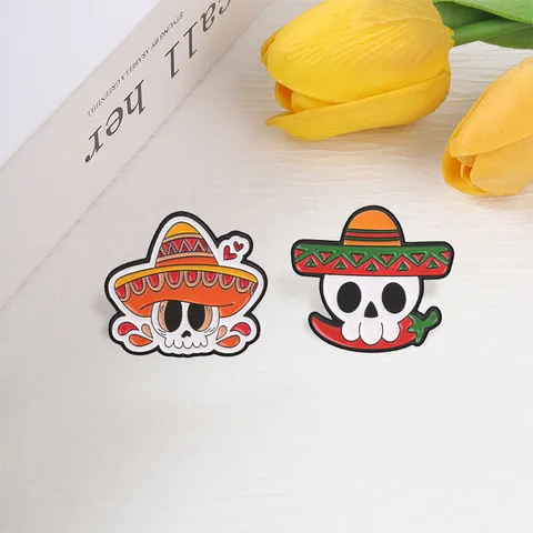 Mexican Sombrero Skull Brooch Day Of The Dead Cartoon Skull Chili Zinc Alloy Enamel Badge Clothing Backpack Decoration Jewelry For Unisex