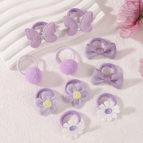 Polyester Baby Girls Hair Ties Set Flower Butterfly Pompom Elastic Hair Bands Handmade No Damage Toddler Hair Accessories Floral Pattern Hair Ropes