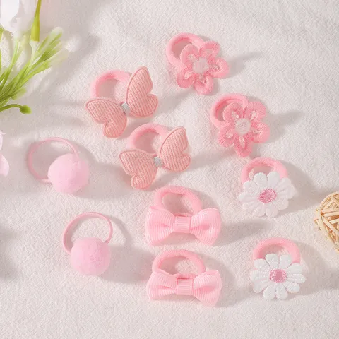 Polyester Baby Girls Hair Ties Set Flower Butterfly Pompom Elastic Hair Bands Handmade No Damage Toddler Hair Accessories Floral Pattern Hair Ropes