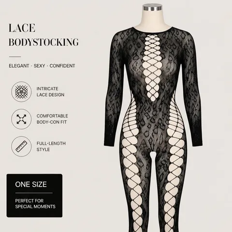 Bodystocking de Lingerie Sexy Grande Taille pour Femmes Dentelle Ajourée Manches Longues Body en Résille Dos Nu Combinaison une Pièce