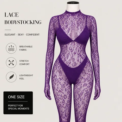 Women Plus Size Sexy Lace Sheer Bodystocking Leopard Mesh Long Sleeve Bodysuit European Slim Fit One-Piece Lingerie