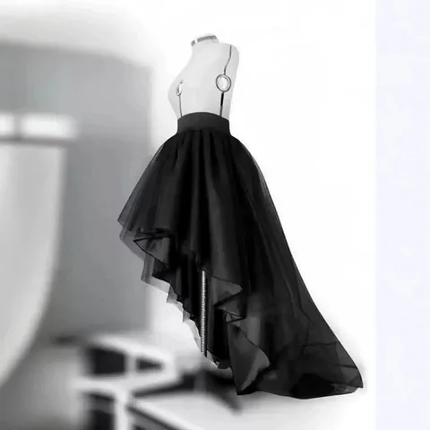 Women Irregular High-Low Tulle Midi Skirt Dark Aesthetic Multi-Layered Mesh Solid Color Satin Skirt Light Mature Style Piece