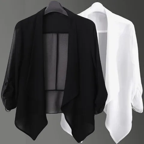 Bolero Elegante de Gasa de Poliéster para Mujer Color Sólido Chaqueta Corta de Protección Solar Ligera Transpirable Manga 3/4 Top