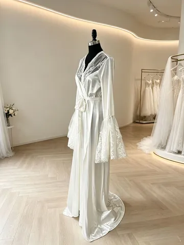 Women Elegant Deep V-neck Long Robe Trailing Mesh Artificial Pearl Morning Gown White Patchwork Robe For Wedding Lingerie
