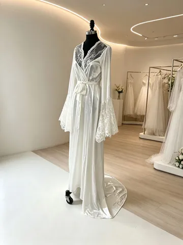 Women Elegant Deep V-neck Long Robe Trailing Mesh Artificial Pearl Morning Gown White Patchwork Robe For Wedding Lingerie