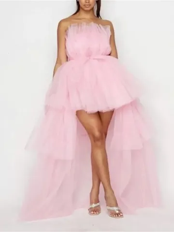 Women Sexy Deep V Neck Mesh Maxi Dress Layered Tulle Cake Skirt Lace Up Hi-Lo Hem Slim Fit Evening Party Photography Gown