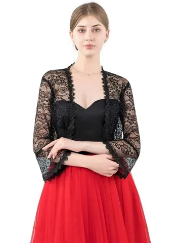Elegante Scialle in Pizzo da Donna Cardigan Bolero Corto a Fiori in Poliestere Giacca Traforata Con Maniche a Campana per Feste Estive