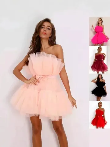Women Off-Shoulder Mini Tulle Dress Elegant Bow High Waist Tiered Princess Mesh Cocktail Party Dress Formal Short Evening Gown