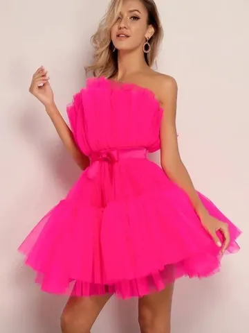 Women Off-Shoulder Mini Tulle Dress Elegant Bow High Waist Tiered Princess Mesh Cocktail Party Dress Formal Short Evening Gown